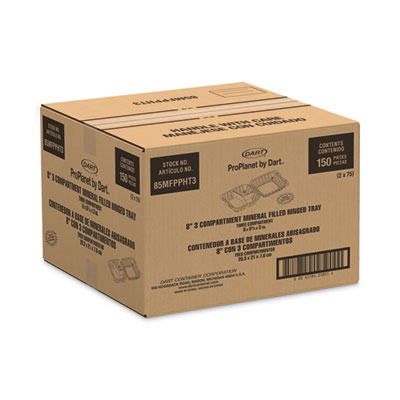 Hinged Lid Containers, 3 Compartments, 8.3 x 8 x 3, White, Plastic, 150/Carton