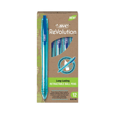 BIC ReVolution Ocean Bound Ballpoint Pen, Retractable, Medium 1 mm, Blue Ink, Translucent Blue Barrel, Dozen (BICBPRR11BE) BICBPRR11BE