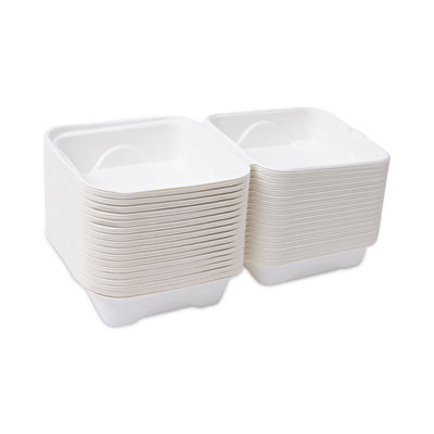 Molded Fiber Hinged Clamshell Containers, 6 x 6 x 3, White, Sugarcane, 50/Pack, 10 Packs/Carton