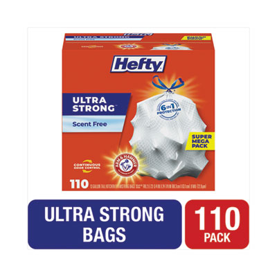 Hefty Strong Tall Kitchen Drawstring Bags, 13 gal, 0.9 mil, White, 90/Box, 3 Boxes/Case