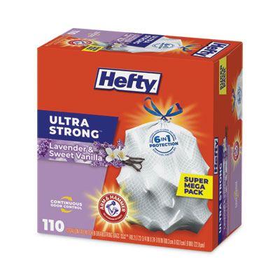 Extra Heavy-Duty Ultra Strong Scented Tall Kitchen Bags, Drawstring, 13 gal, Lavender/Vanilla, 23.75 x 24.88, White, 110/Box