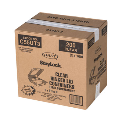 StayLock Clear Hinged Lid Containers, 3 Compartments, 8.6 x 9 x 3, Clear, Plastic, 100/Packs, 2 Packs/Carton