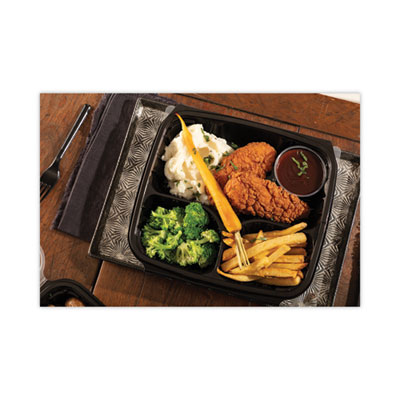 EarthChoice Vented Dual Color Microwavable Hinged Lid Container, 3 Compartments, 34 oz, Black/Clear, Plastic, 132/Carton