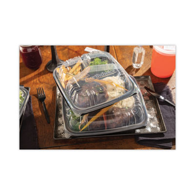 EarthChoice Vented Dual Color Microwavable Hinged Lid Container, 3-Compartment Base/Lid, 34 oz, Black/Clear, Plastic, 132/CT