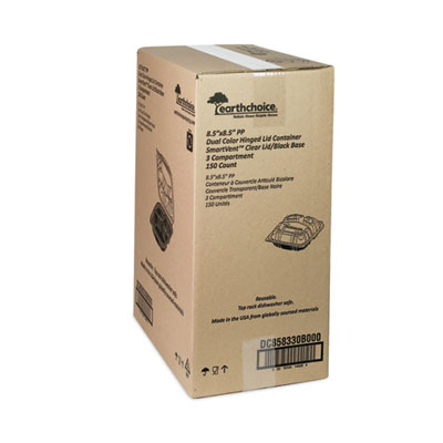 EarthChoice Vented Dual Color Microwavable Hinged Lid Container, 3 Compartments, 33 oz, Black/Clear, Plastic, 150/Carton