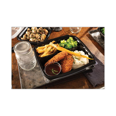 EarthChoice Vented Dual Color Microwavable Hinged Lid Container, 3 Compartments, 33 oz, Black/Clear, Plastic, 150/Carton