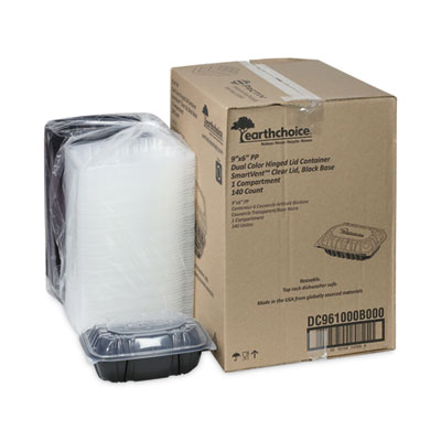 EarthChoice Vented Dual Color Microwavable Hinged Lid Container, 34 oz, 9 x 6 x 3, Black/Clear, Plastic, 140/Carton