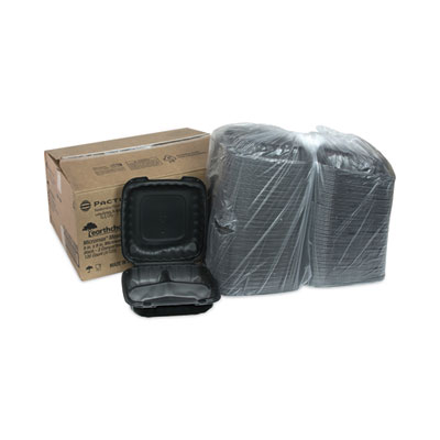 EarthChoice SmartLock Microwavable MFPP Hinged Lid Container, 3 Compartments, 9.33 x 8.88 x 3.1, Black, Plastic, 120/Carton