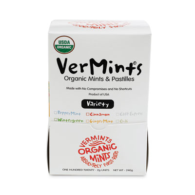 VerMints Organic Mints/Pastilles, Assorted Flavors, 2 Mints/0.7 oz Individually Wrapped, 120/Box