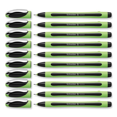 Xpress Fineliner Porous Point Pen, Stick, Medium 0.8 mm, Black Ink, Black/Green Barrel, 10/Box