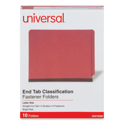 Universal Deluxe Six-Section Pressboard End Tab Classification Folders, 2 Dividers, 6 Fasteners, Letter Size, Bright Red, 10/Box UNV10320