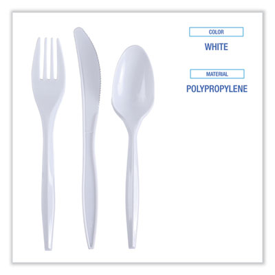 Three-Piece Cutlery Kit, Mediumweight, Fork/Knife/Spoon, Plastic, White, 250/Carton