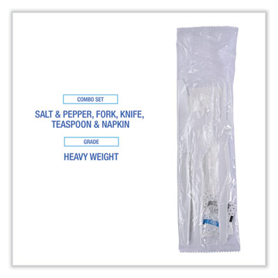 Six-Piece Cutlery Kit, Heavyweight, Fork/Knife/Napkin/Pepper/Salt/Spoon, Plastic, White, 250/Carton