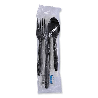 Six-Piece Cutlery Kit, Mediumweight, Fork/Knife/Napkin/Pepper/Salt/Spoon, Plastic, Black, 250/Carton