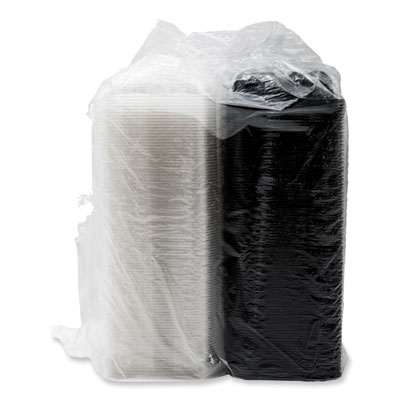 Creative Carryouts Hinged Plastic Hot Deli Boxes, 4-Compartment, 8.05 x 11.5 x 2.95, Black/Clear, 100/Carton