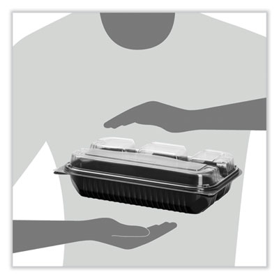 Creative Carryouts Hinged Plastic Hot Deli Boxes, 4-Compartment, 8.05 x 11.5 x 2.95, Black/Clear, 100/Carton