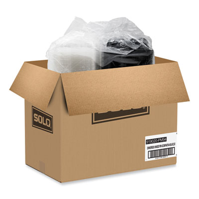 Creative Carryouts Hinged Plastic Hot Deli Boxes, 4-Compartment, 8.05 x 11.5 x 2.95, Black/Clear, 100/Carton