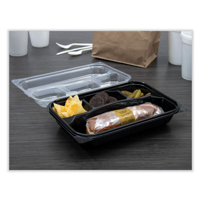 Creative Carryouts Hinged Plastic Hot Deli Boxes, 4-Compartment, 8.05 x 11.5 x 2.95, Black/Clear, 100/Carton