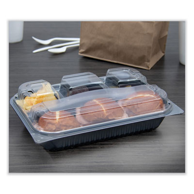 Creative Carryouts Hinged Plastic Hot Deli Boxes, 4-Compartment, 8.05 x 11.5 x 2.95, Black/Clear, 100/Carton
