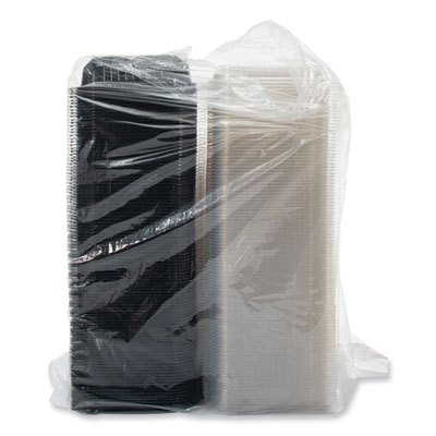 Creative Carryouts Hinged Plastic Hot Deli Boxes, 2-Compartment, 8.05 x 11.5 x 2.95, Black/Clear, 100/Carton