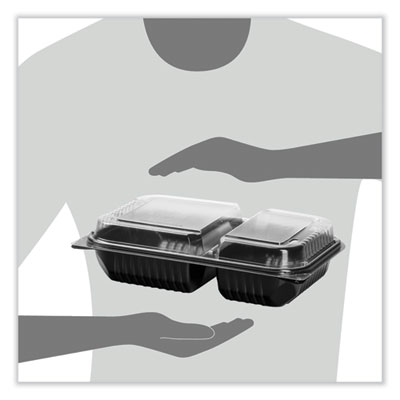 Creative Carryouts Hinged Plastic Hot Deli Boxes, 2-Compartment, 8.05 x 11.5 x 2.95, Black/Clear, 100/Carton