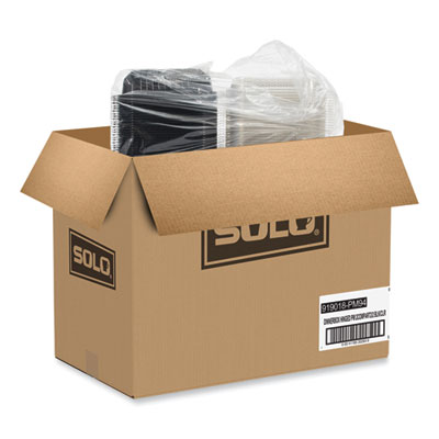 Creative Carryouts Hinged Plastic Hot Deli Boxes, 2-Compartment, 8.05 x 11.5 x 2.95, Black/Clear, 100/Carton