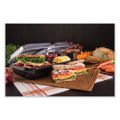 Creative Carryouts Hinged Plastic Hot Deli Boxes, 2-Compartment, 8.05 x 11.5 x 2.95, Black/Clear, 100/Carton