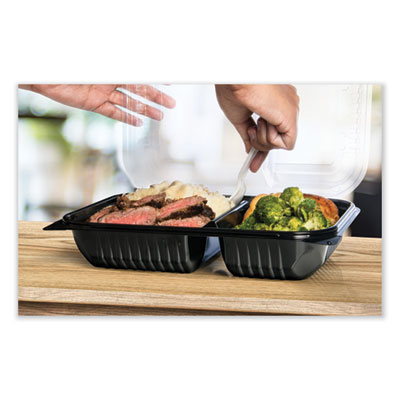 Creative Carryouts Hinged Plastic Hot Deli Boxes, 2-Compartment, 8.05 x 11.5 x 2.95, Black/Clear, 100/Carton