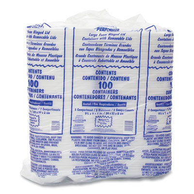 Insulated Foam Hinged Lid Containers, 3 Compartments, 9.01 x 9.4 x 3.1, White, 200/Carton