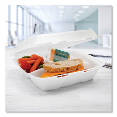 Insulated Foam Hinged Lid Containers, 3 Compartments, 9.01 x 9.4 x 3.1, White, 200/Carton