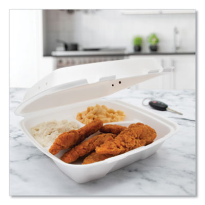 Insulated Foam Hinged Lid Containers, 3 Compartments, 9.01 x 9.4 x 3.1, White, 200/Carton