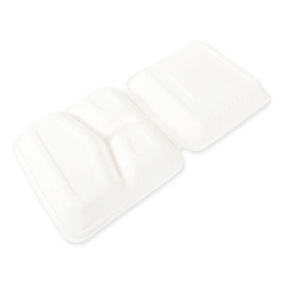 Bagasse PFAS-Free Food Containers, 3 Compartments, 9 x 9 x 3.19, White, Sugarcane, 200/Carton