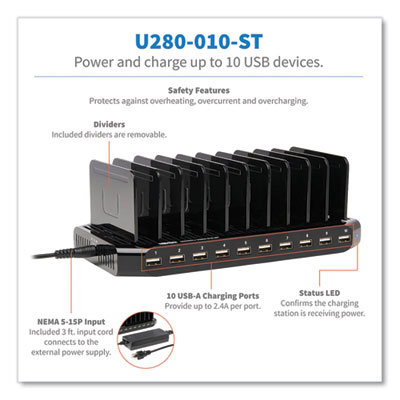 Desktop Charging Station with Adjustable Storage, 10 Devices, 9.4 x 4.7 x 1, Black