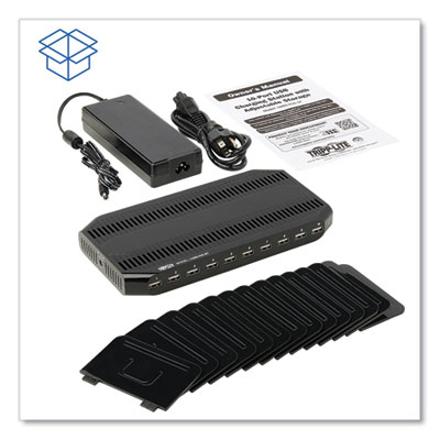 Desktop Charging Station with Adjustable Storage, 10 Devices, 9.4 x 4.7 x 1, Black