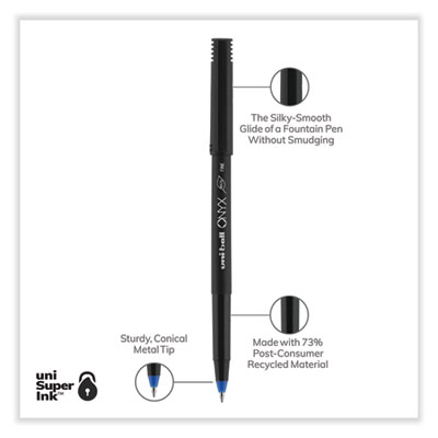 ONYX Rollerball Pen, Stick, Fine 0.7 mm, Blue Ink, Black/Blue Barrel, 72/Pack