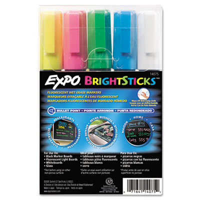 Bright Sticks Wet-Erase Fluorescent Markers, Bullet Tip, Assorted, 5 Per Set SAN14075