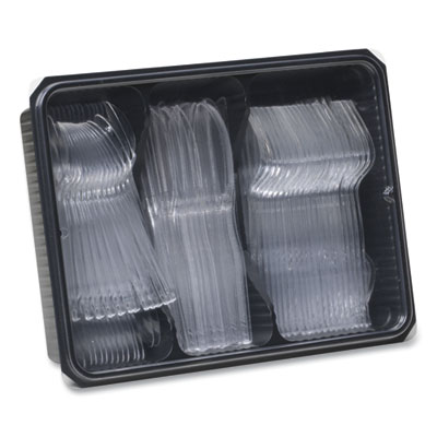 Cutlery Keeper Tray with Clear Plastic Utensils, Heavyweight, Fork/Knife/Spoon, Plastic, Crystal Clear, 180/Pack