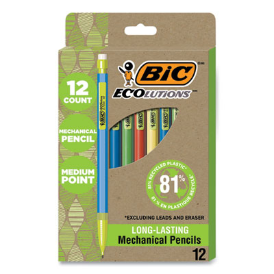 BIC ReVolution Mechanical Pencil, 0.7 mm, HB (#2), Black Lead, Assorted Barrel Colors, 12/Pack (BICMPE12BLK) BICMPE12BLK