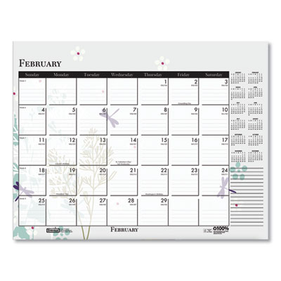Recycled Desk Pad Calendar, Wild Flowers Artwork, 22 x 17, White Sheets, Black Binding/Corners,12-Month (Jan-Dec): 2025