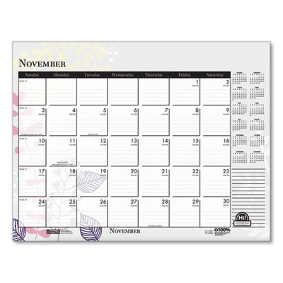 Recycled Desk Pad Calendar, Wild Flowers Artwork, 22 x 17, White Sheets, Black Binding/Corners,12-Month (Jan-Dec): 2025