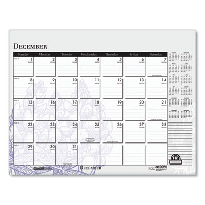 Recycled Desk Pad Calendar, Wild Flowers Artwork, 22 x 17, White Sheets, Black Binding/Corners,12-Month (Jan-Dec): 2025