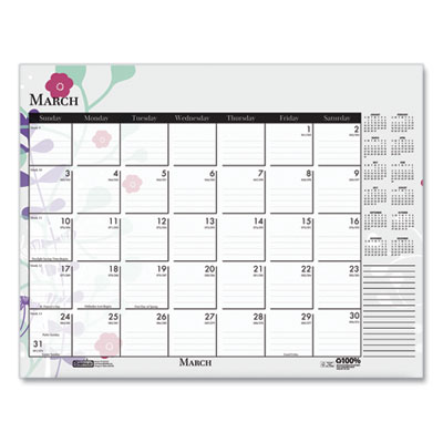 Recycled Desk Pad Calendar, Wild Flowers Artwork, 22 x 17, White Sheets, Black Binding/Corners,12-Month (Jan-Dec): 2025