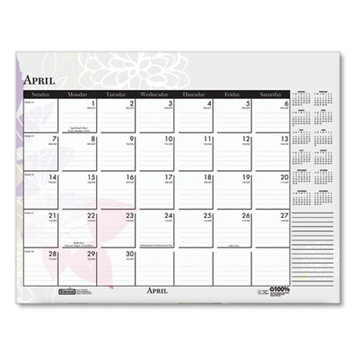 Recycled Desk Pad Calendar, Wild Flowers Artwork, 22 x 17, White Sheets, Black Binding/Corners,12-Month (Jan-Dec): 2025