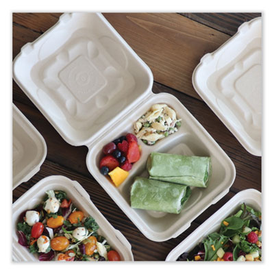 Fiber Hinged Containers, 3 Compartments, 8.8 x 8.2 x 2.9, Natural, Paper, 300/Carton