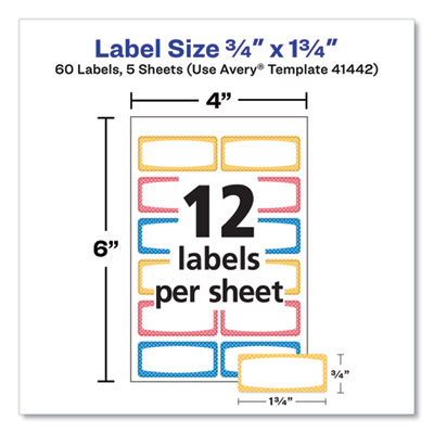 Avery Kids Handwritten Identification Labels, 1.75 X 0.75, Borders: Blue, Orange, Yellow, 12 Labels/sheet, 5 Sheets/pack