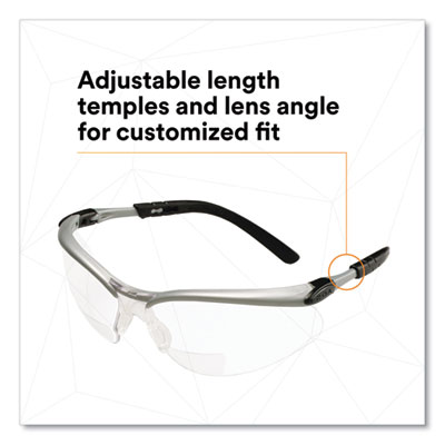 BX Molded-In Diopter Safety Glasses, 2.5+ Diopter Strength, Silver/Black Frame, Clear Lens