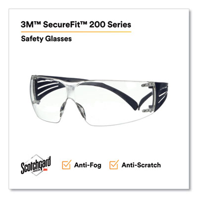 SecureFit Protective Eyewear, 200 Series, Dark Blue Plastic Frame, Clear Polycarbonate Lens