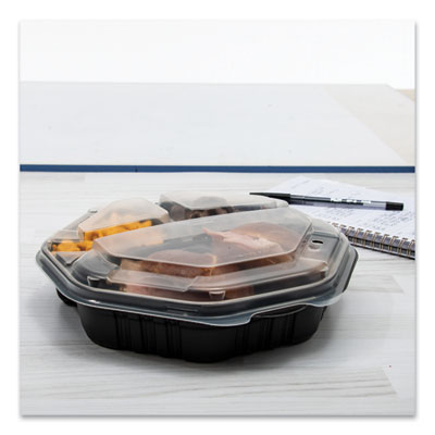 OctaView Hinged-Lid Hot Food Containers, 3 Compartments, 38 oz, 9.55 x 9.1 x 2.4, Black/Clear, Plastic, 100/Carton