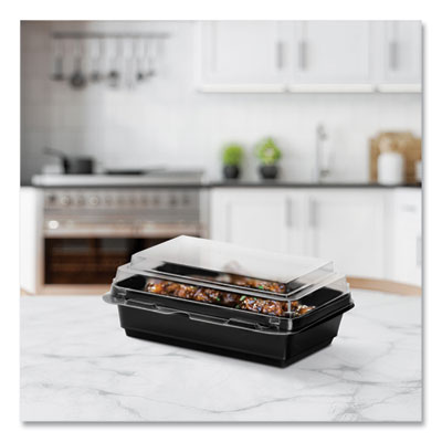 Creative Carryouts Hinged Plastic Hot Deli Boxes, 28 Oz, 7.87 X 5.4 X 3, Black/clear, 200/carton