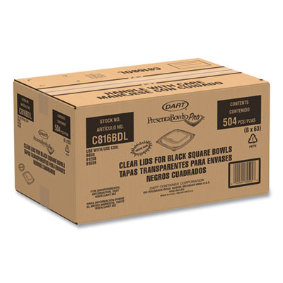 Dart PresentaBowls Pro Clear Square Lids for 8 oz to 16 oz Bowls, 5 x 5 x 1, Clear, Plastic, 63/Bag, 8 Bags/Carton (DCCC816BDL) DCCC816BDL